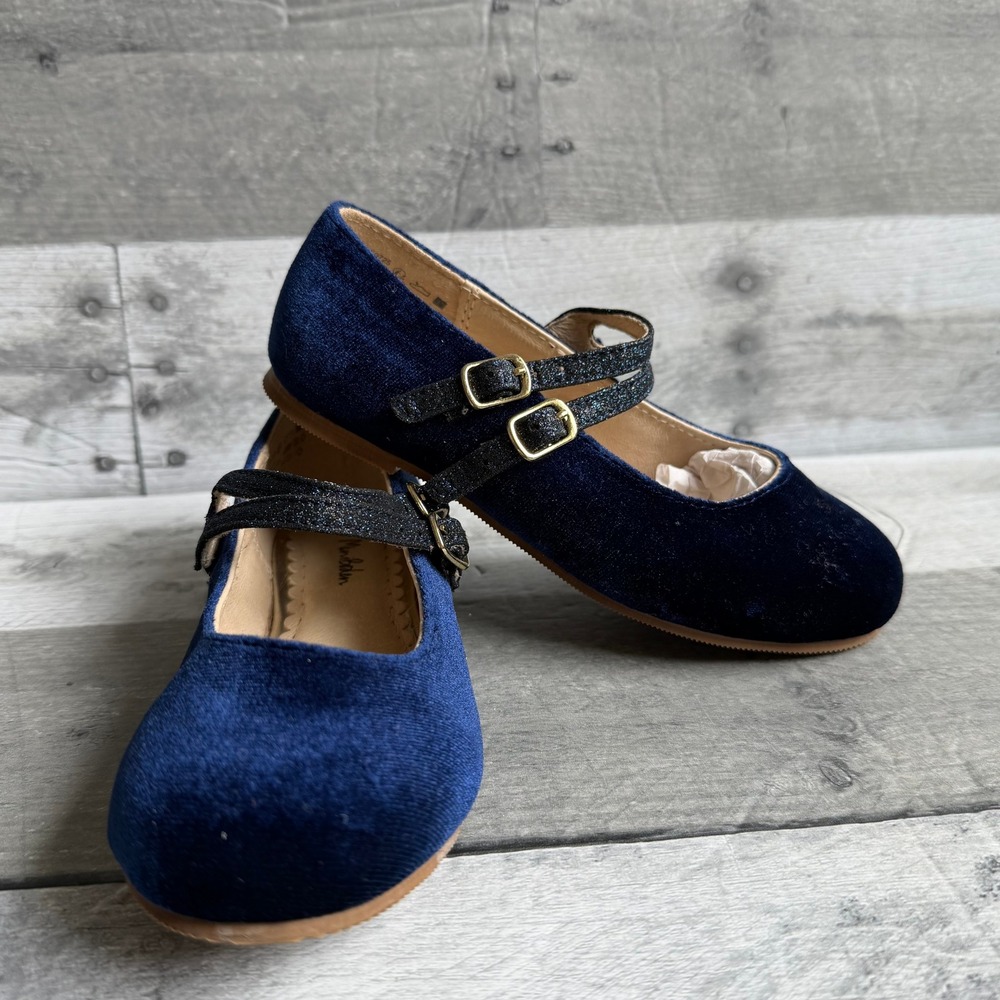 Mini Boden Kids Navy Blue Velvet Double Strap Glitter Mary Jane Shoes Size 28